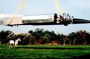 ThrustSSC being craned out of GForce for the Motor Show