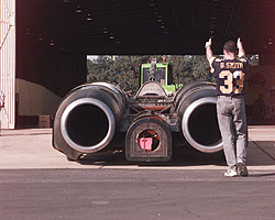Rolling ThrustSSC out of Q Shed