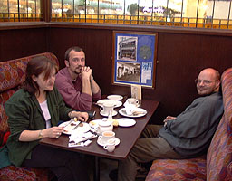 Robbie and Suzy Kraike and Robert Atkinson enjoy breakfast at Stansted