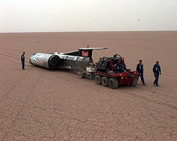 ThrustSSC is towed to the start by a Supacat